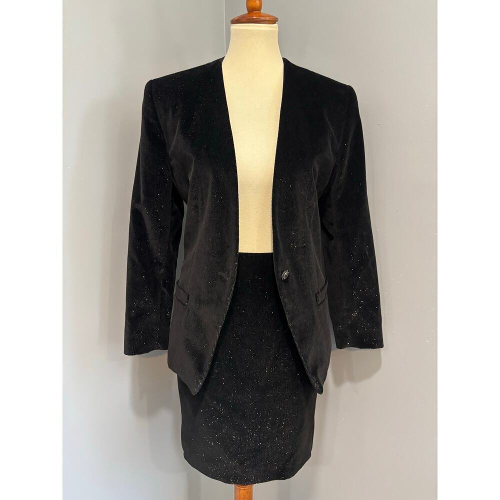 Liz Claiborne VTG Velvet Skirt Suit Set Black Sparkle Evening Career Size 10P